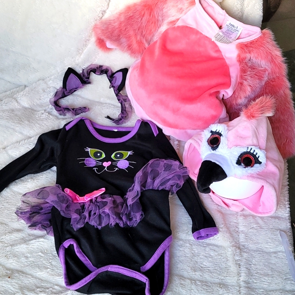 2 toddler girls Halloween costumes flamingo and cat